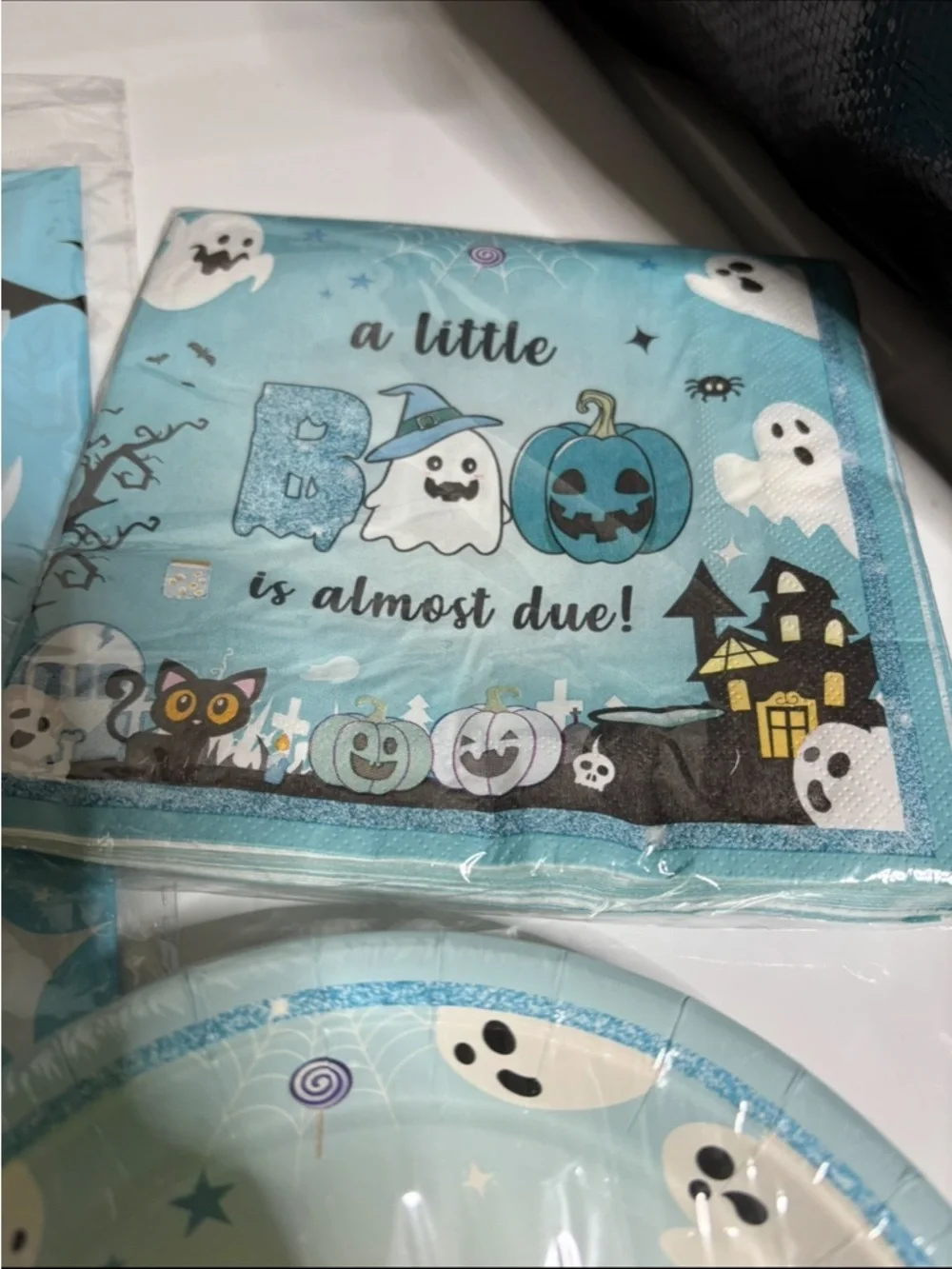 Blue 'A Little Boo Is Almost Due' Halloween Baby Shower Party Set